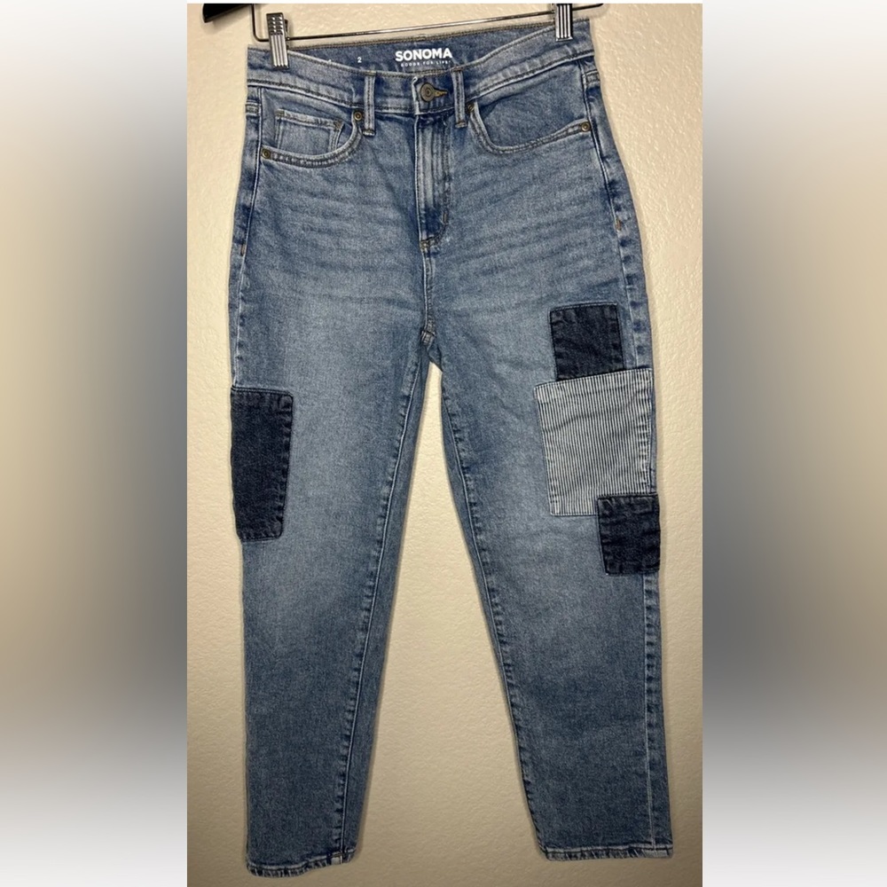 Sonoma Womens Jeans 2 Mid Rise Med Wash Blue Denim Chambray Boyfriend Jeans EUC